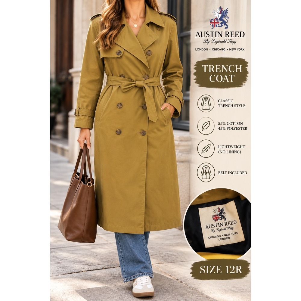 Austin Reed Women Khaki Double Breasted Trench Coat Belted Tan Size 12R